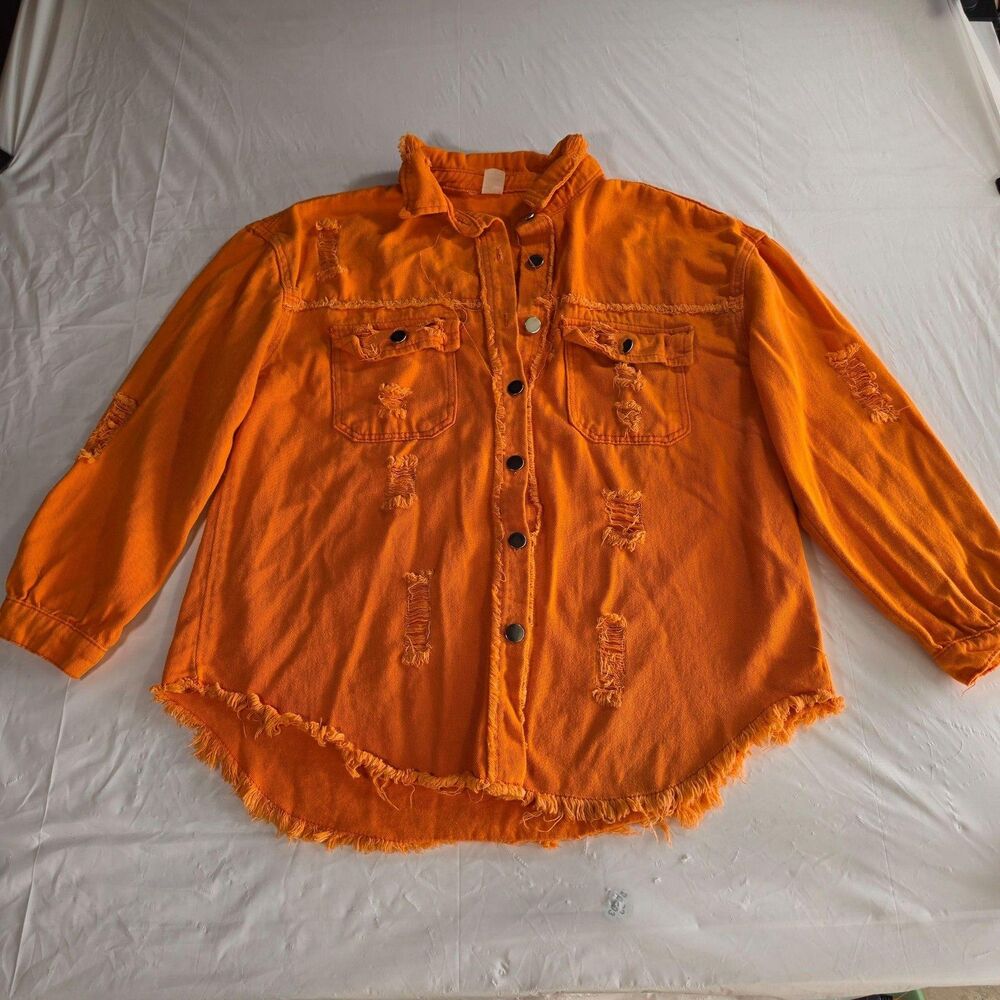 Shirt Womens Large Orange Distressed Button Up Frayed Hem Twill Tunic Casual